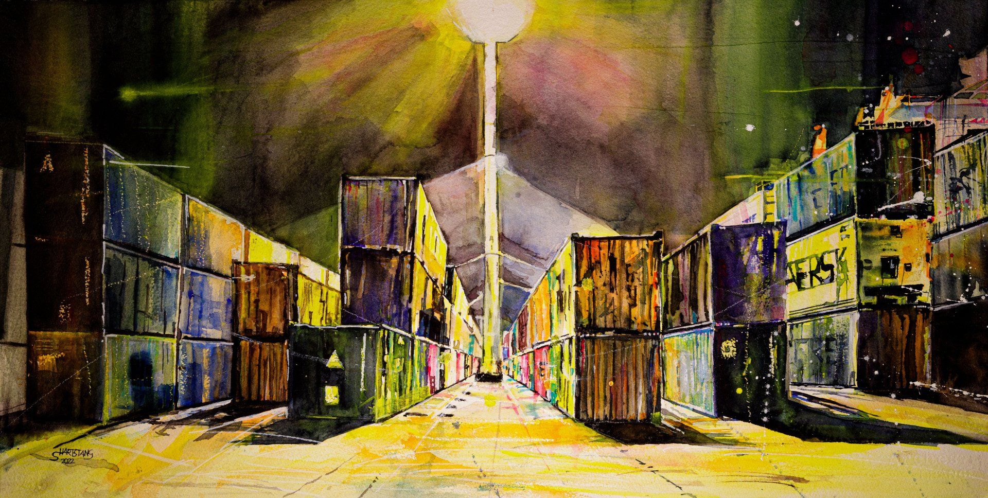 Containerstapel, Aquarell von Stephanie Hartstang, als Kunstdruck erhältlich Containerstapel Hamburg Hafen, ein Aquarell von Stephanie Hartstang, Atelier Südereiche