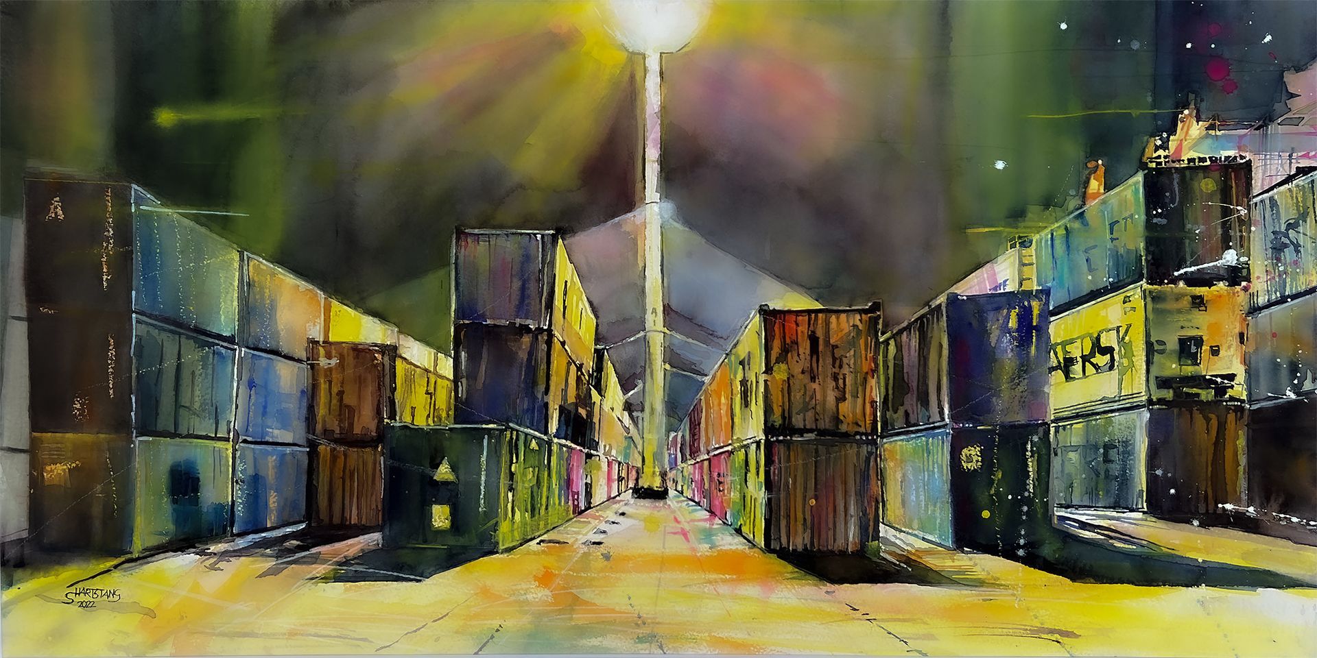 Containerstapel, Aquarell von Stephanie Hartstang, als Kunstdruck erhältlich Containerstapel Hamburg Hafen, ein Aquarell von Stephanie Hartstang, Atelier Südereiche