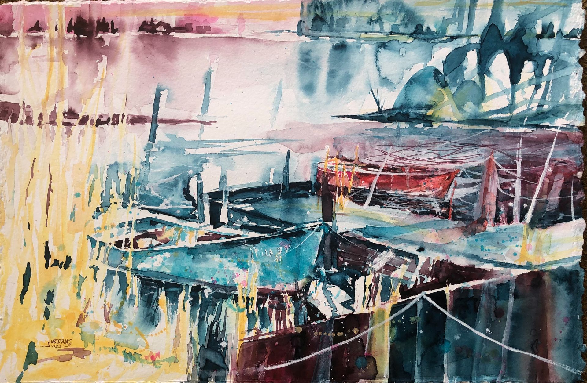 Aquarell Kähne Maasholm von Stephanie Hartstang, Atelier Südereiche, Maasholm, Ostsee, Schlei, Schleimünde