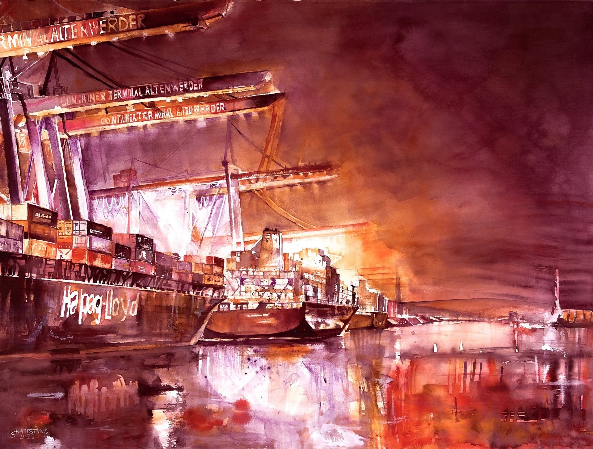 Altenwerder Containerschiff rot, Aquarell von Stephanie Hartstang, verkauft Altenwerder Containerschiff rot Hamburg Hafen, ein Aquarell von Stephanie Hartstang, Atelier Südereiche