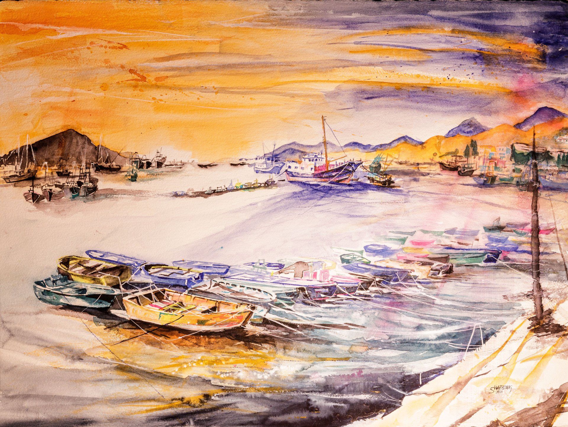 Aquarell Stephanie Hartstang Hongkong Hafen Cheung Chau