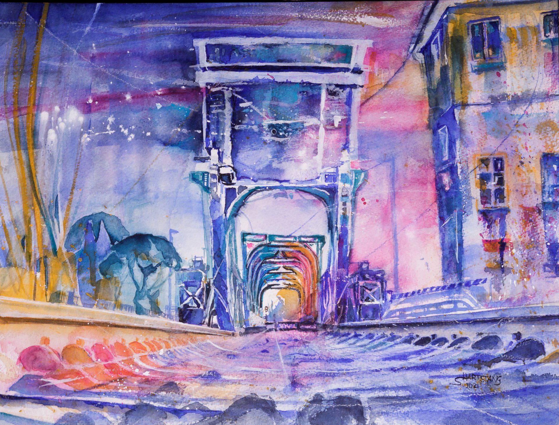 Eisenbahnbrücke Lindaunis, Aquarell von Stephanie Hartstang, verkauft Eisenbahnbrücke Lindaunis, ein Aquarell von Stephanie Hartstang, Atelier Südereiche