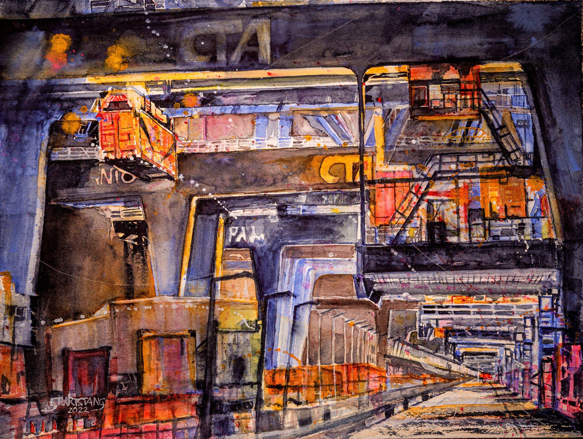 CTA - Altenwerder Container Terminal, Aquarell von Stephanie Hartstang, verkauft Altenwerder Container Terminal, Hamburg Hafen, ein Aquarell von Stephanie Hartstang, Atelier Südereiche