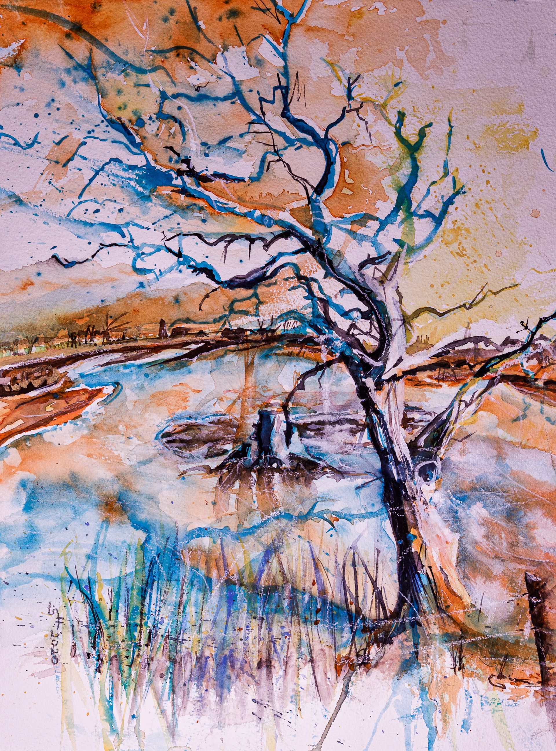 Toter Baum in Geltinger Birk, Ostsee, ein Aquarell von Stephanie Hartstang, Atelier Südereiche