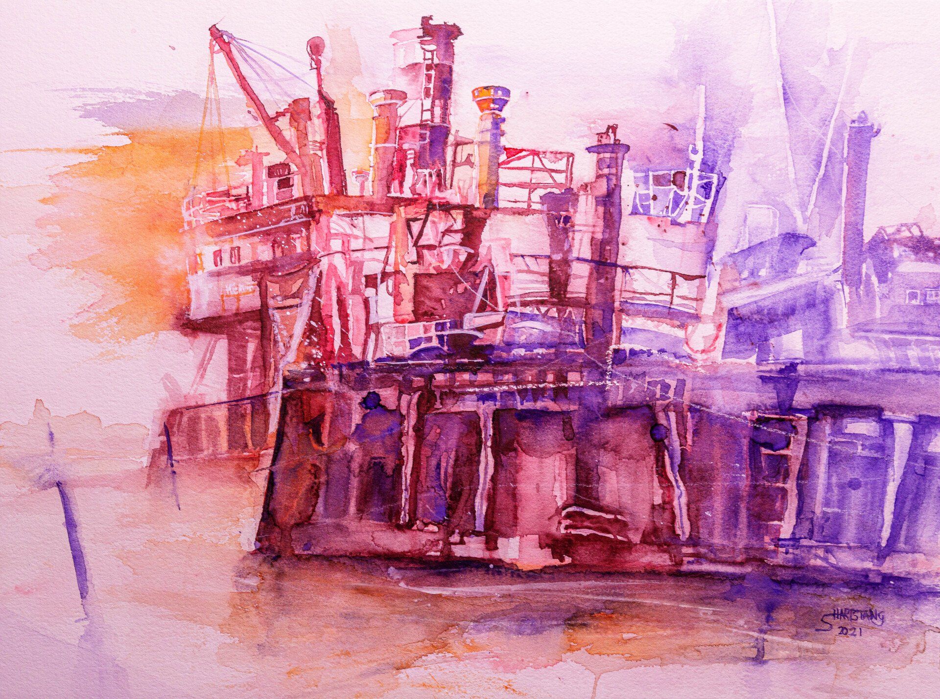 Aquarell Schlei Werft Arnis, , von Stephanie Hartstang, Atelier Südereiche