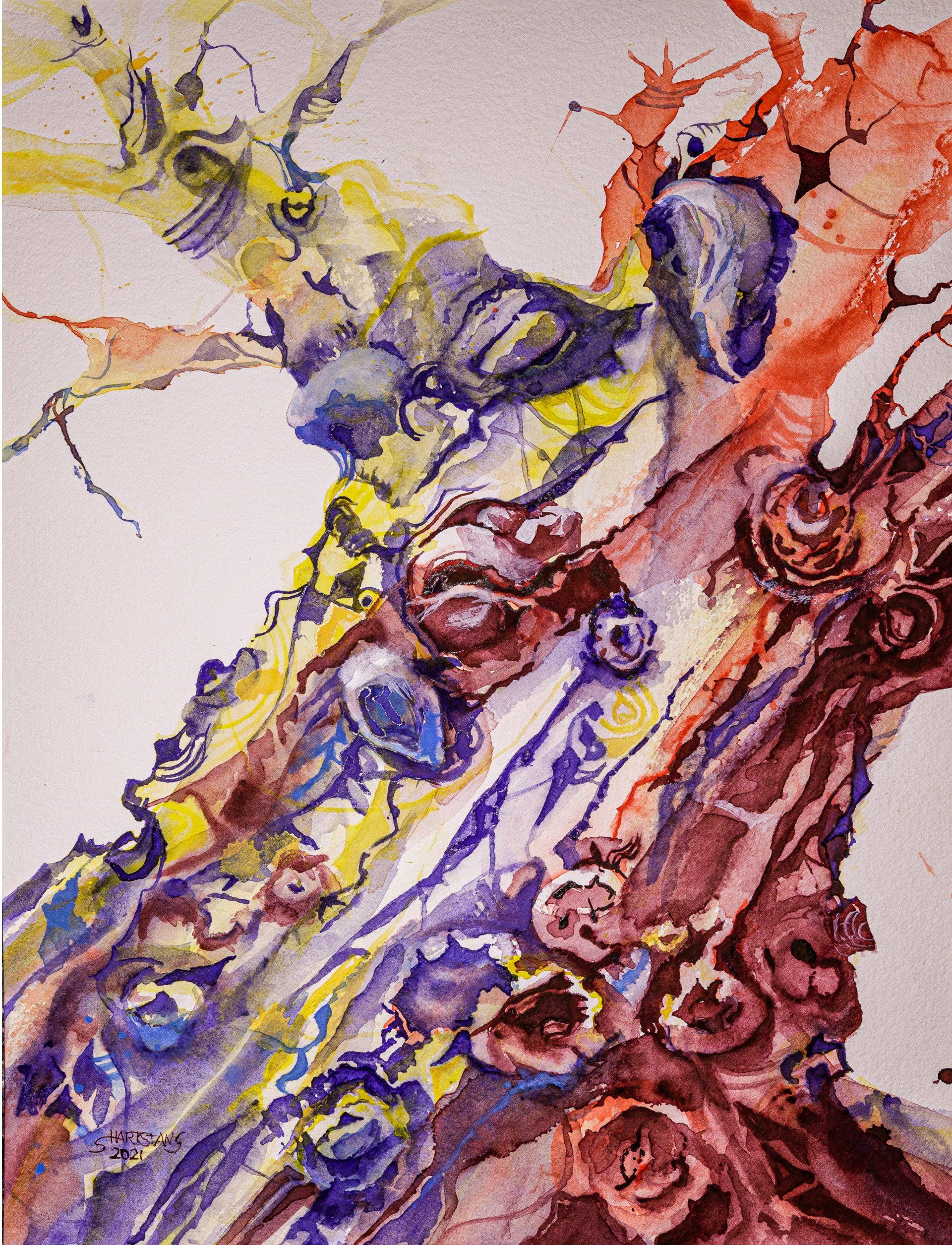 Apple Tree Stump, Apfelbaumstumpf, a watercolor painting of Stephanie Hartstang, Suedereiche.Art