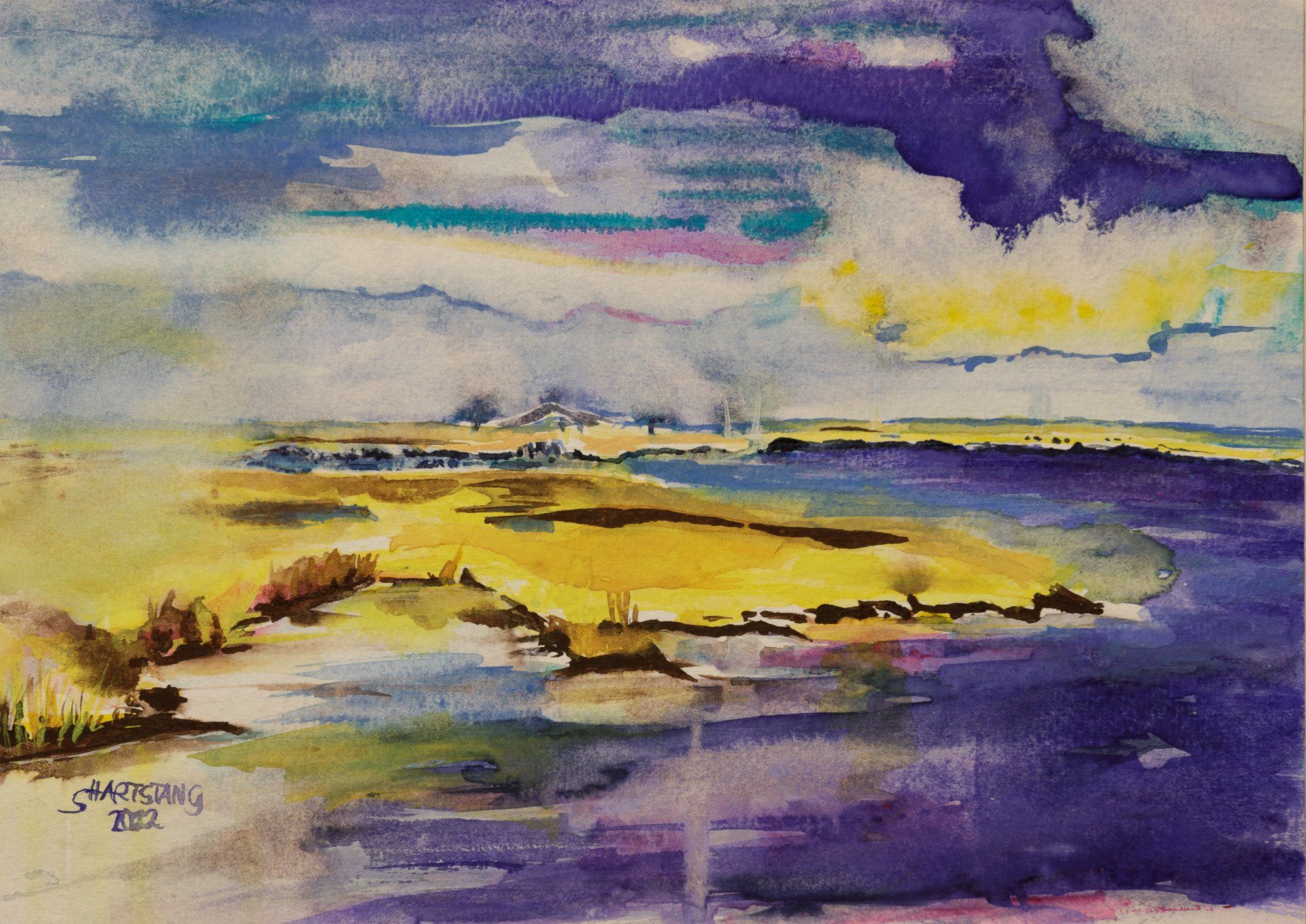 Aquarell Leuchtende Gräser Schleimünde gelb-blau von Stephanie Hartstang, Atelier Südereiche, Maasholm, Ostsee, Schlei