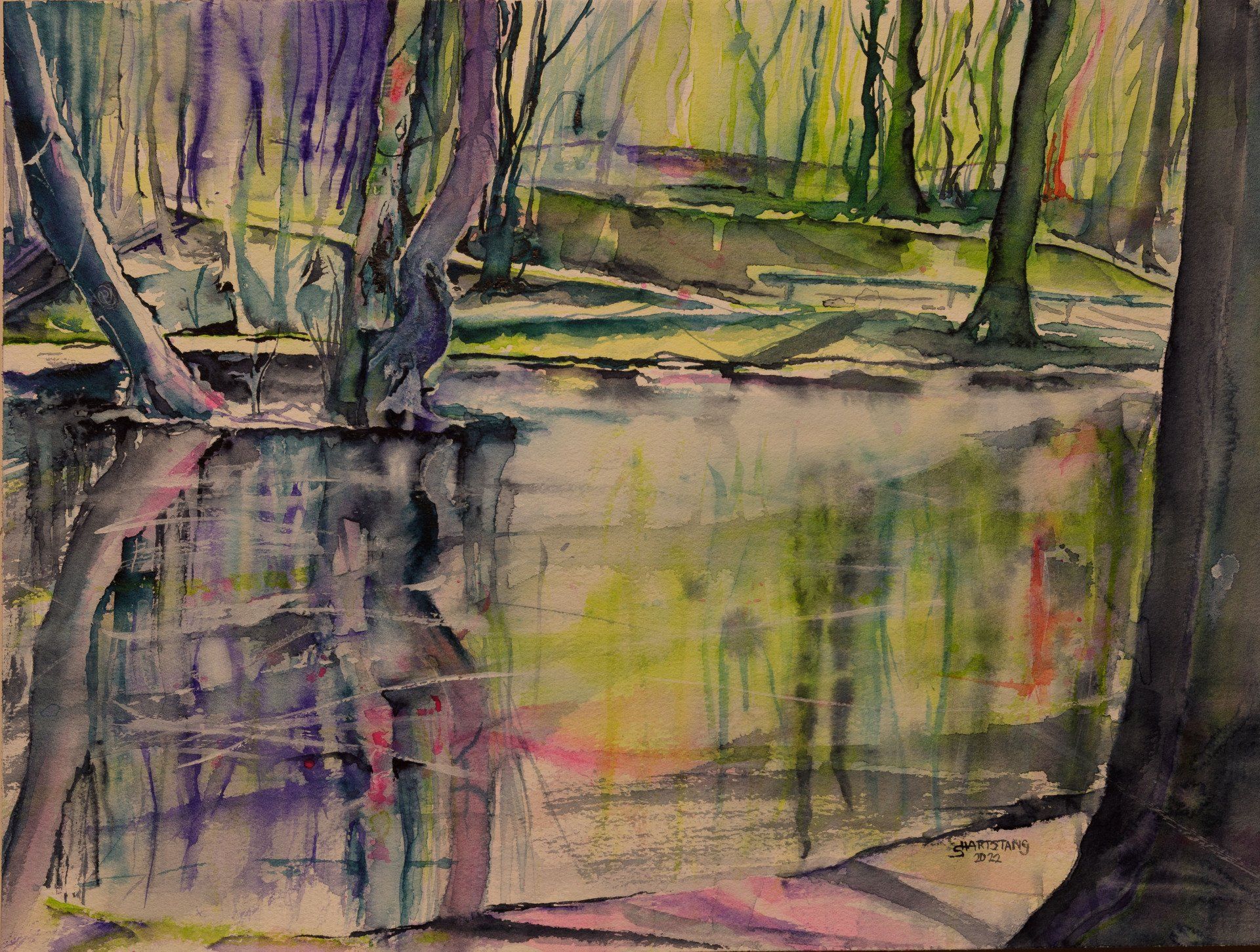 Märchensee, Baum, Odenwald, a watercolor painting of Stephanie Hartstang, Suedereiche.Art