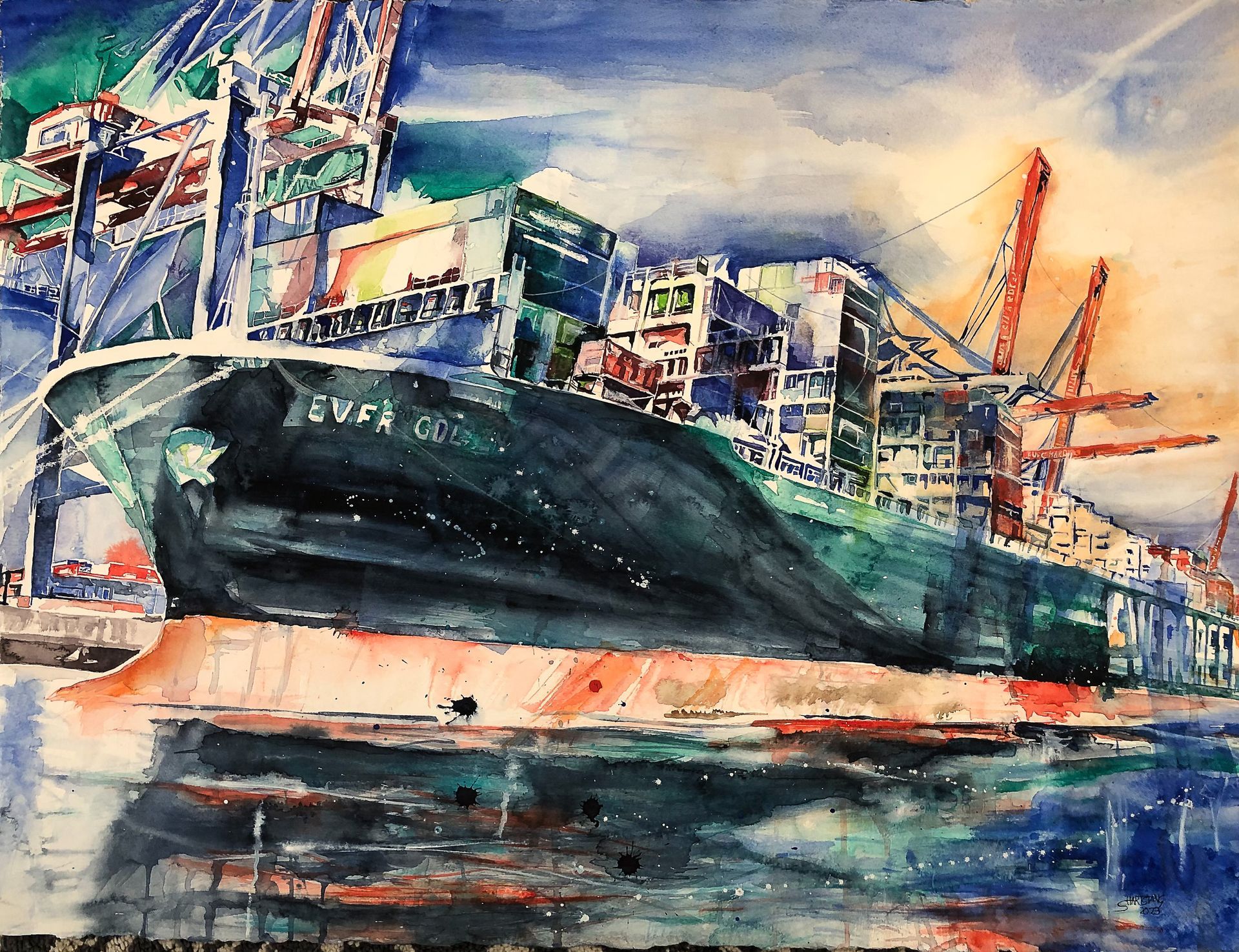 Ever Golden Burchardkai, Aquarell von Stephanie Hartstang Ever Golden Burchardkai, Hafen Hamburg, Containerschiff, ein Aquarell von Stephanie Hartstang, Atelier Südereiche