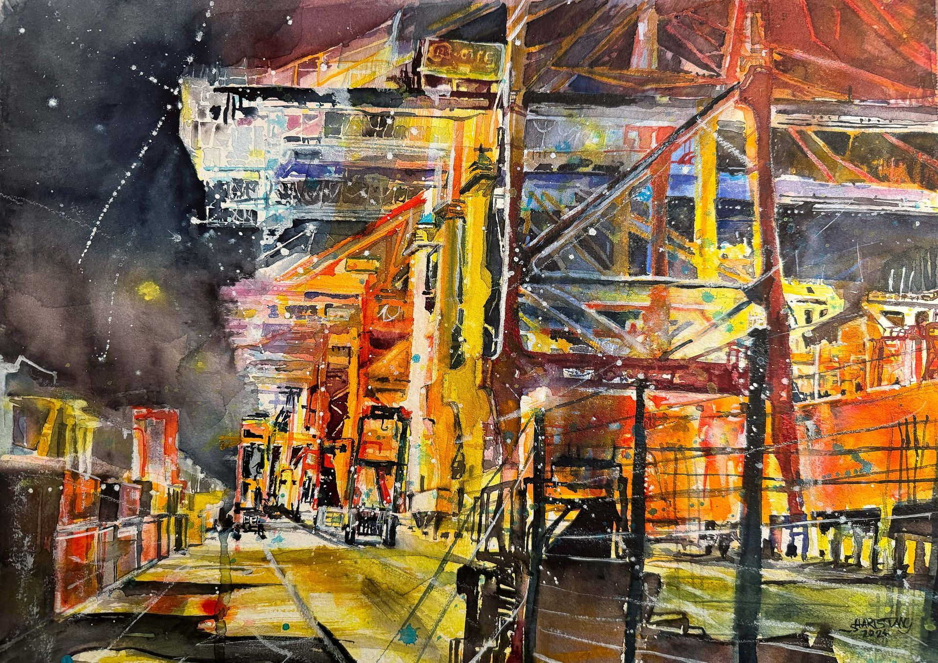 Hafen Hamburg Eurogate, Aquarell von Stephanie Hartstang Hafen Hamburg Eurogate, Hafen Hamburg, Containerterminal, ein Aquarell von Stephanie Hartstang, Atelier Südereiche