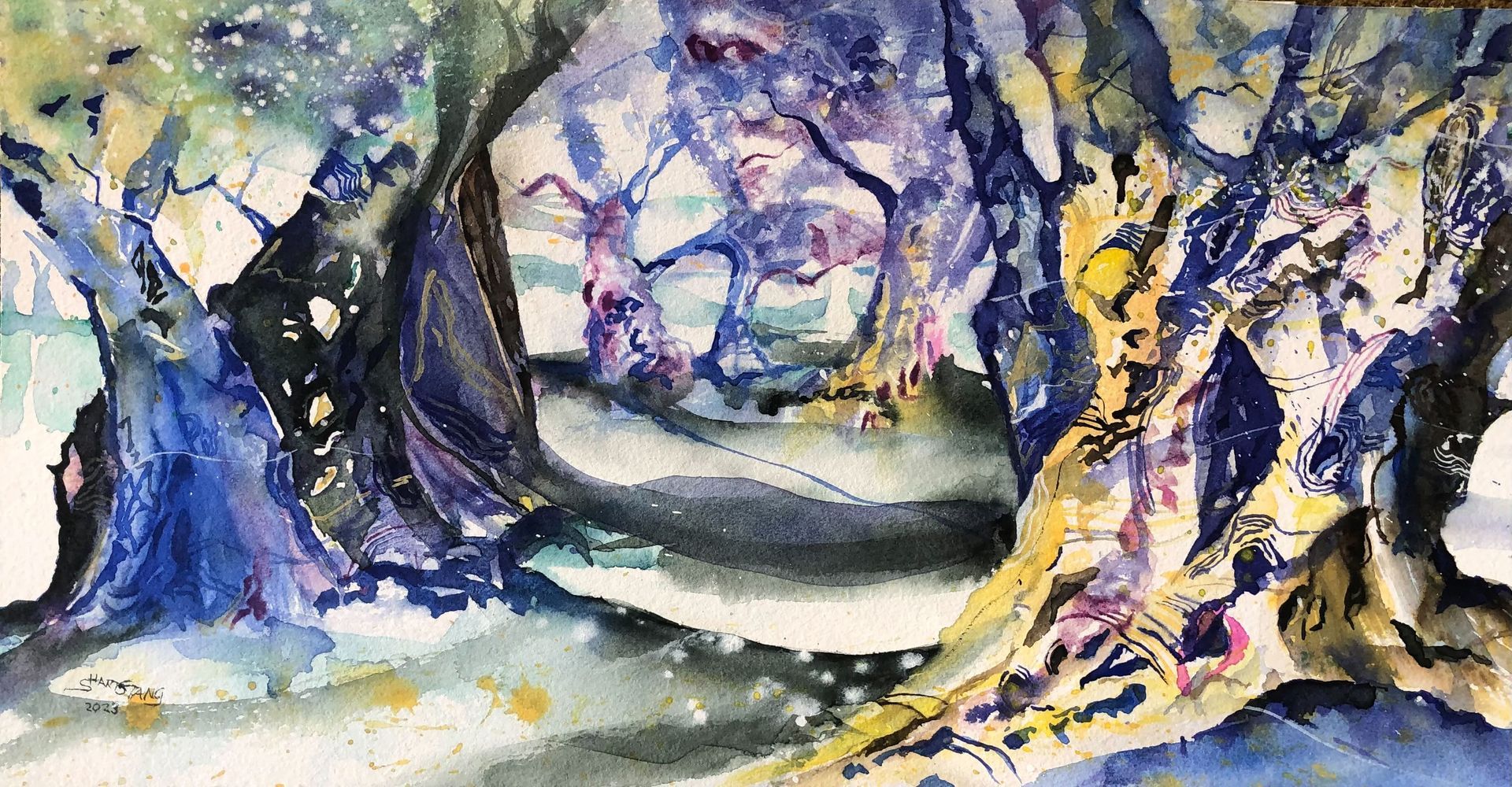 Aquarell Olivenhain von Stephanie Hartstang, Atelier Südereiche, Bäume, Wald