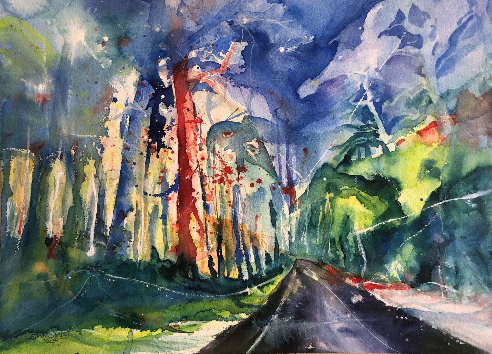 Mixed Media Watercolor Into the Wood, painting from Stephanie Hartstang, Suedereiche.Art, Trees