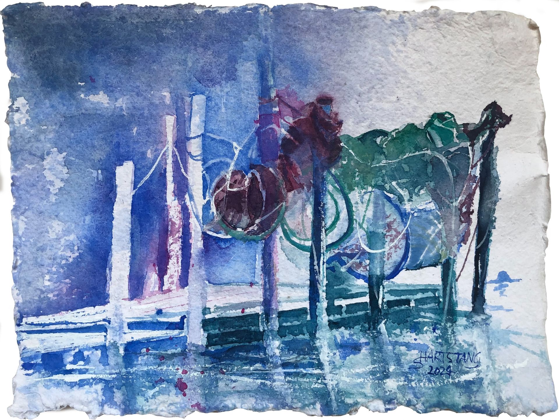 Steg und Dalben an der Schlei, ein Aquarell von Stephanie Hartstang, Atelier Südereiche, Schleswig, Holm