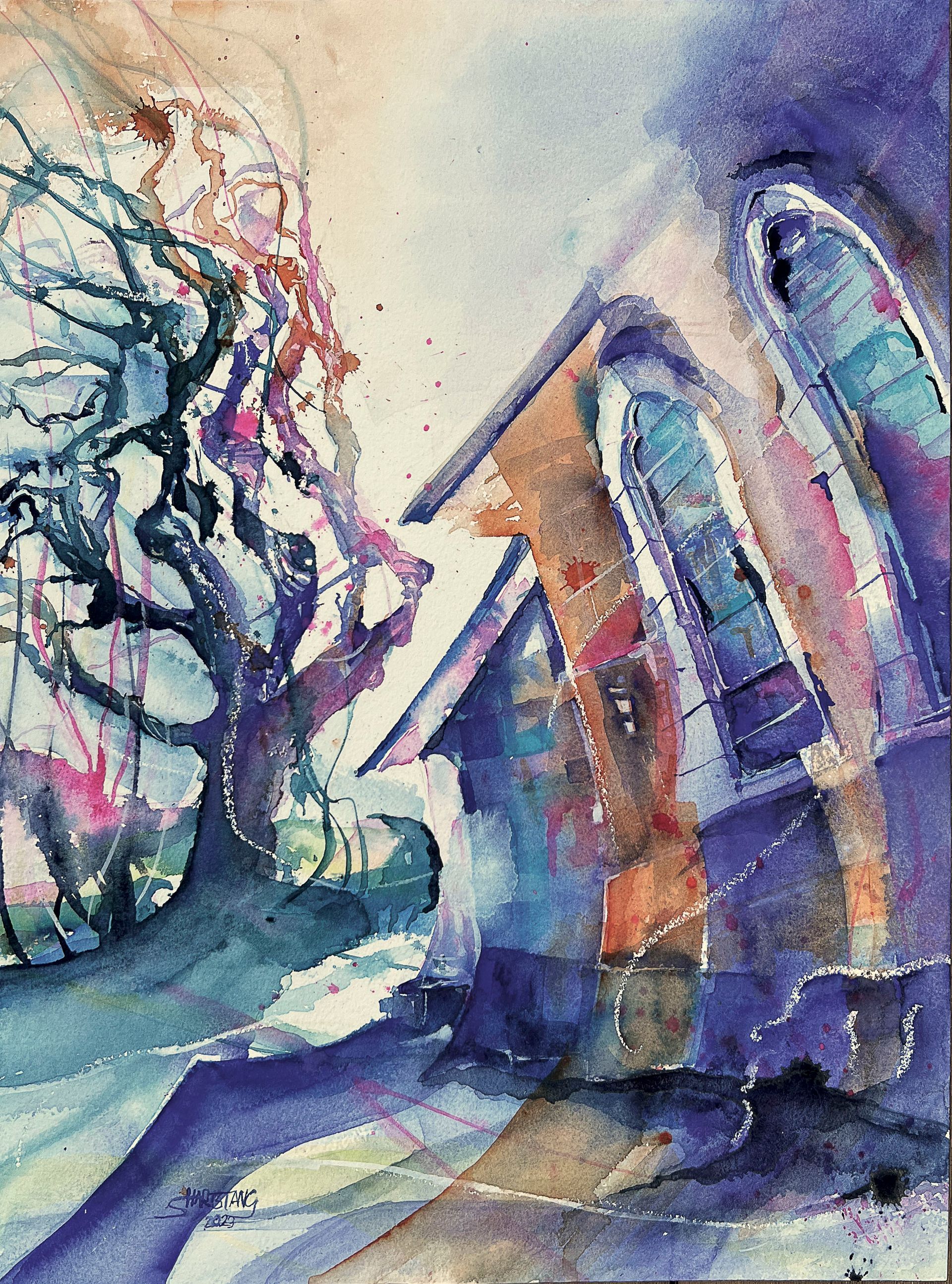Aquarell Stephanie Hartstang Kirschgarten mit Windflüchter