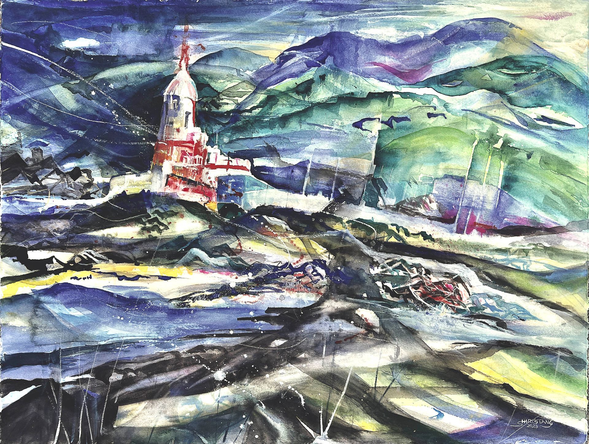 Leuchtturm im Sturm, ein Aquarell von Stephanie Hartstang, Südereiche.Art, Irland, Valencia Island, Irland