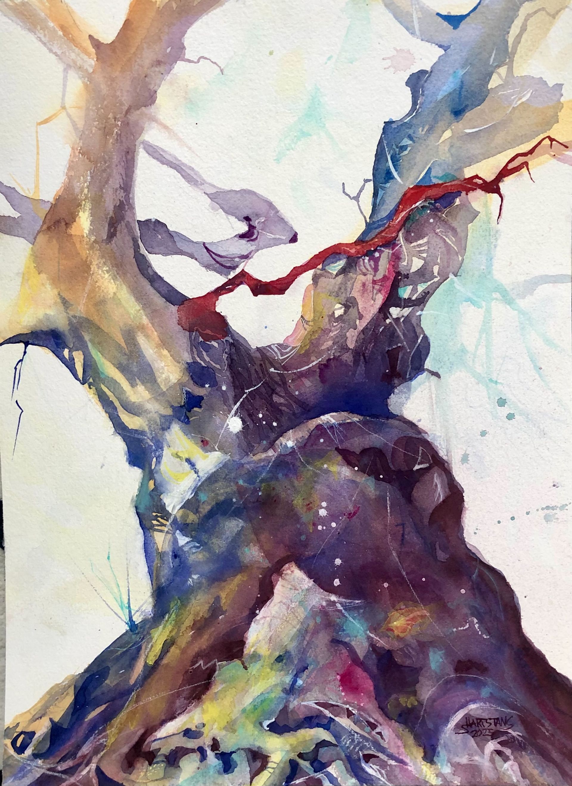 Aquarell Roter Ast - Alter Eiche im Jenischpark von Stephanie Hartstang, Atelier Südereiche, Bäume