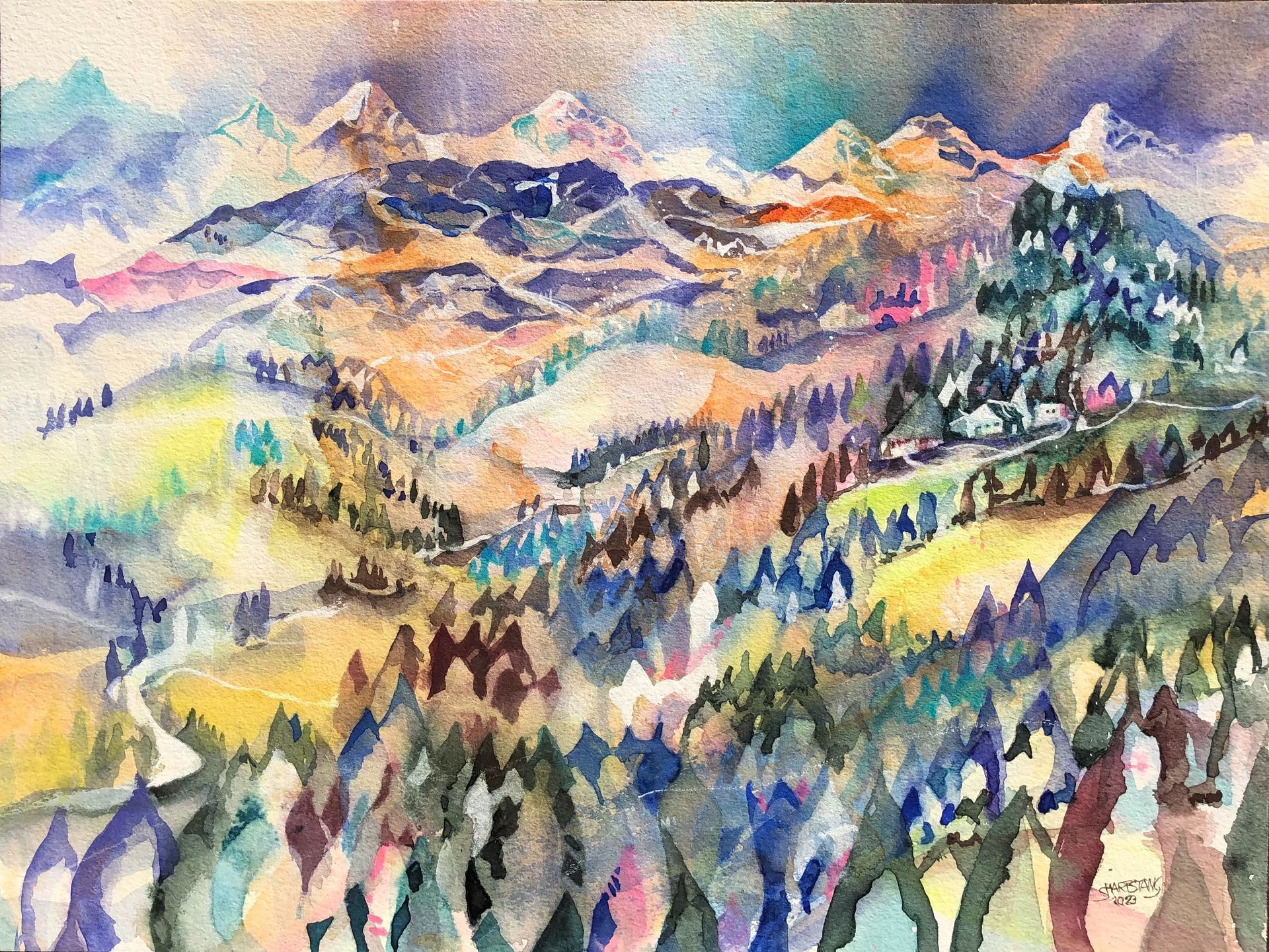 Aquarell Stephanie Hartstang Blick von der Lüderenalp auf Eiger, Mönch und Jungfrau
