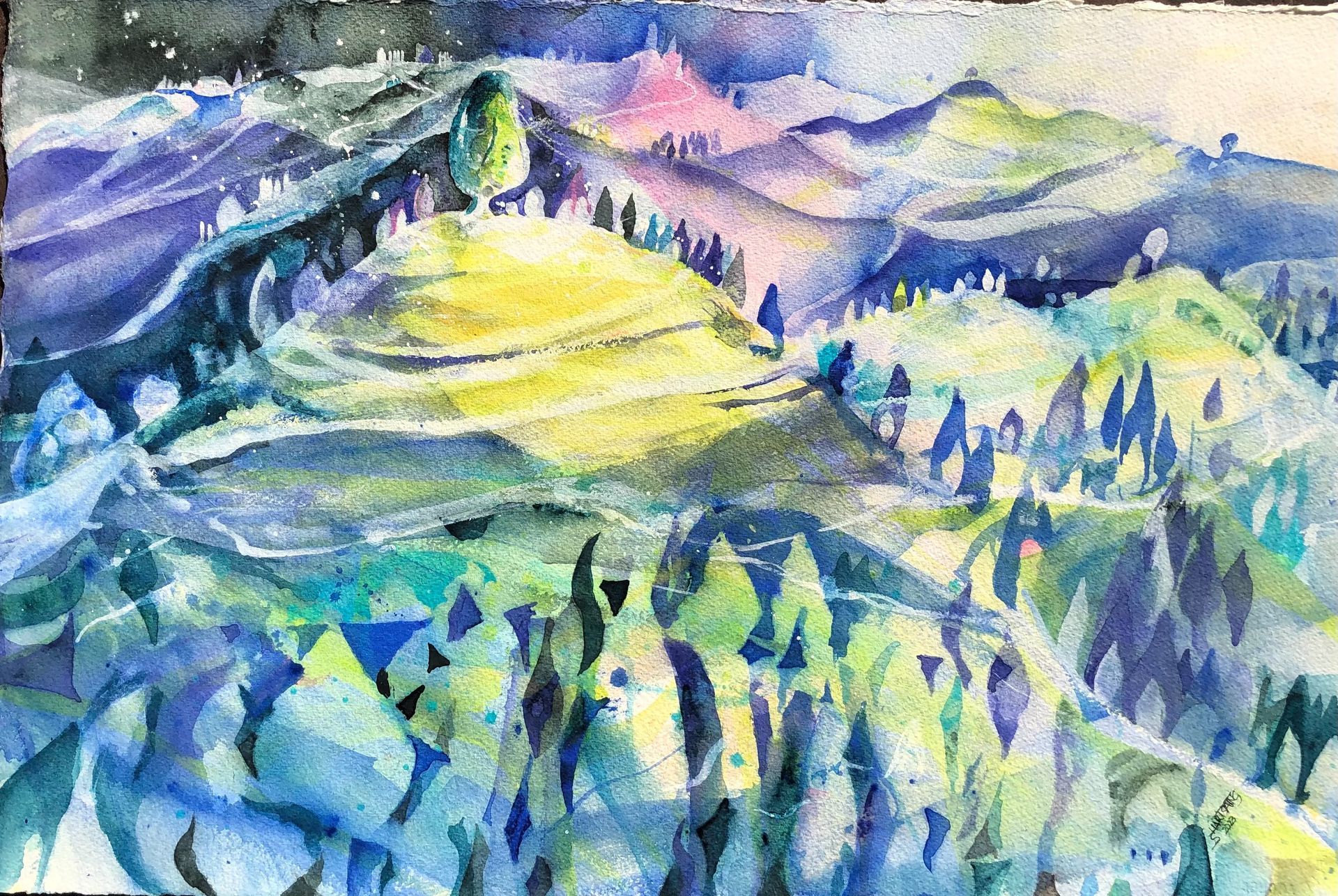 Aquarell Stephanie Hartstang, Eriswil - Hügel mit Linde, Schweiz, Atelier Südereiche