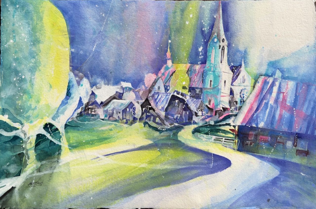 Aquarell Stephanie Hartstang, Kirche und Dorf Escholzmatt, Schweiz, Atelier Südereiche
