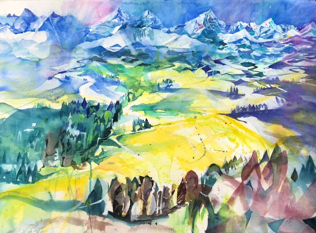Aquarell Stephanie Hartstang Blick von der Lueg übers Emmental