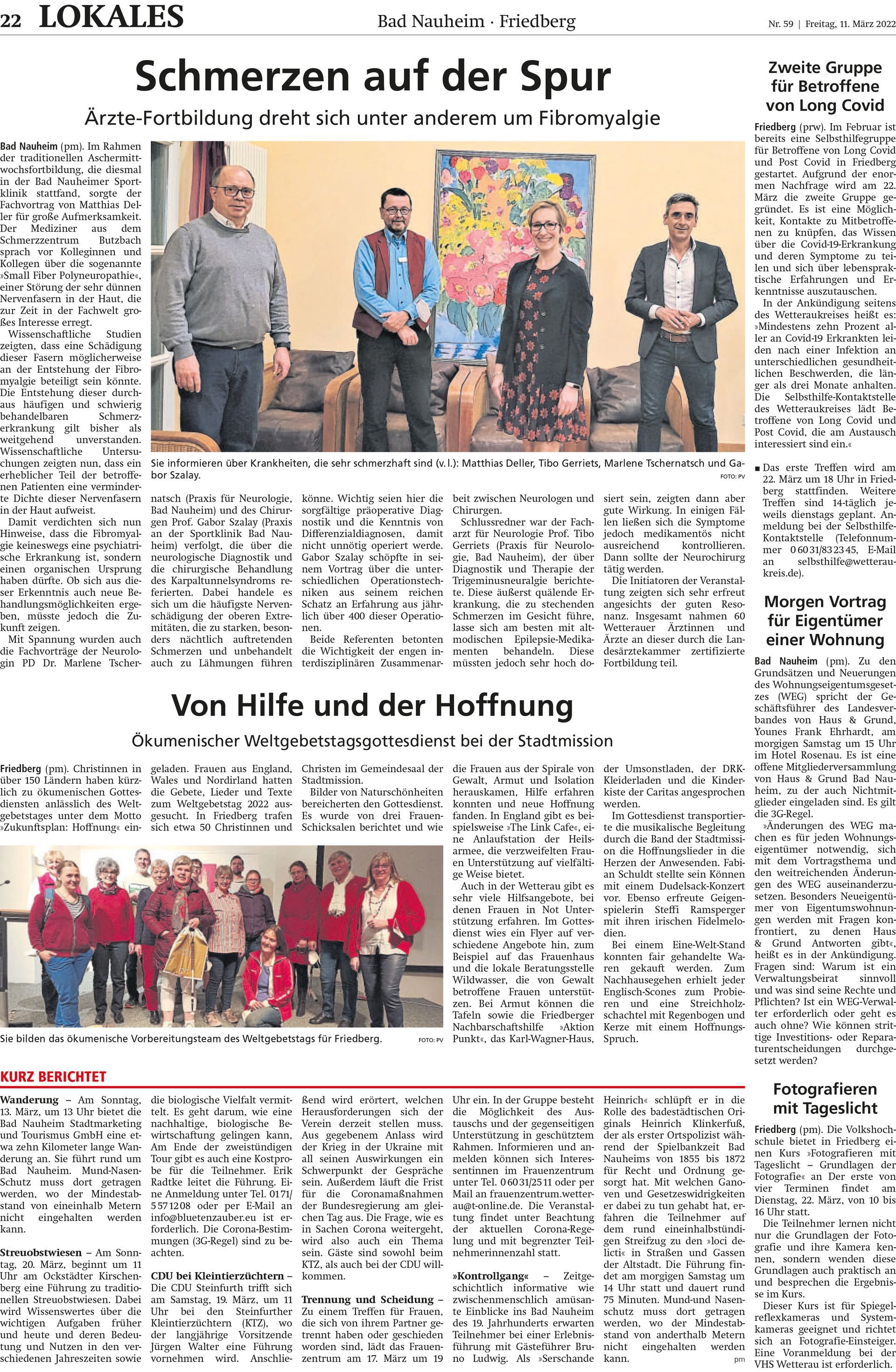Schmerzen auf der Spur Wetterauer Zeitung, März 2022.