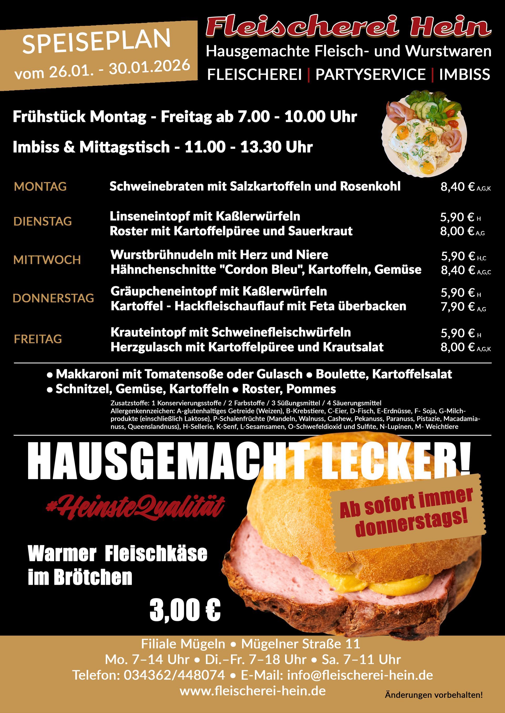 Speiseplan Fleischerei Hein Mügeln 26.01. bis 30.01.2026