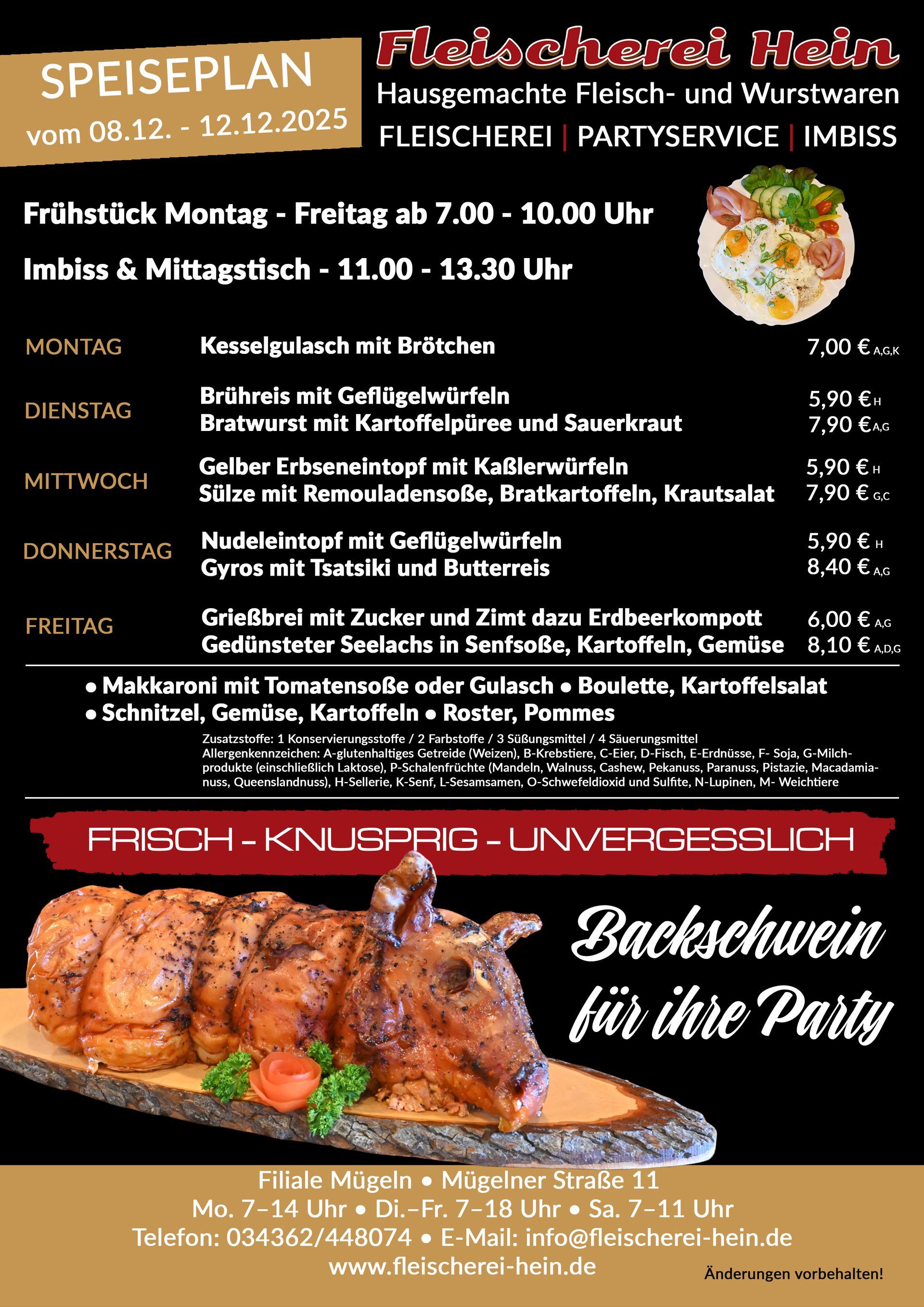 Speiseplan Fleischerei Hein Mügeln 08.12. bis 12.12.2025