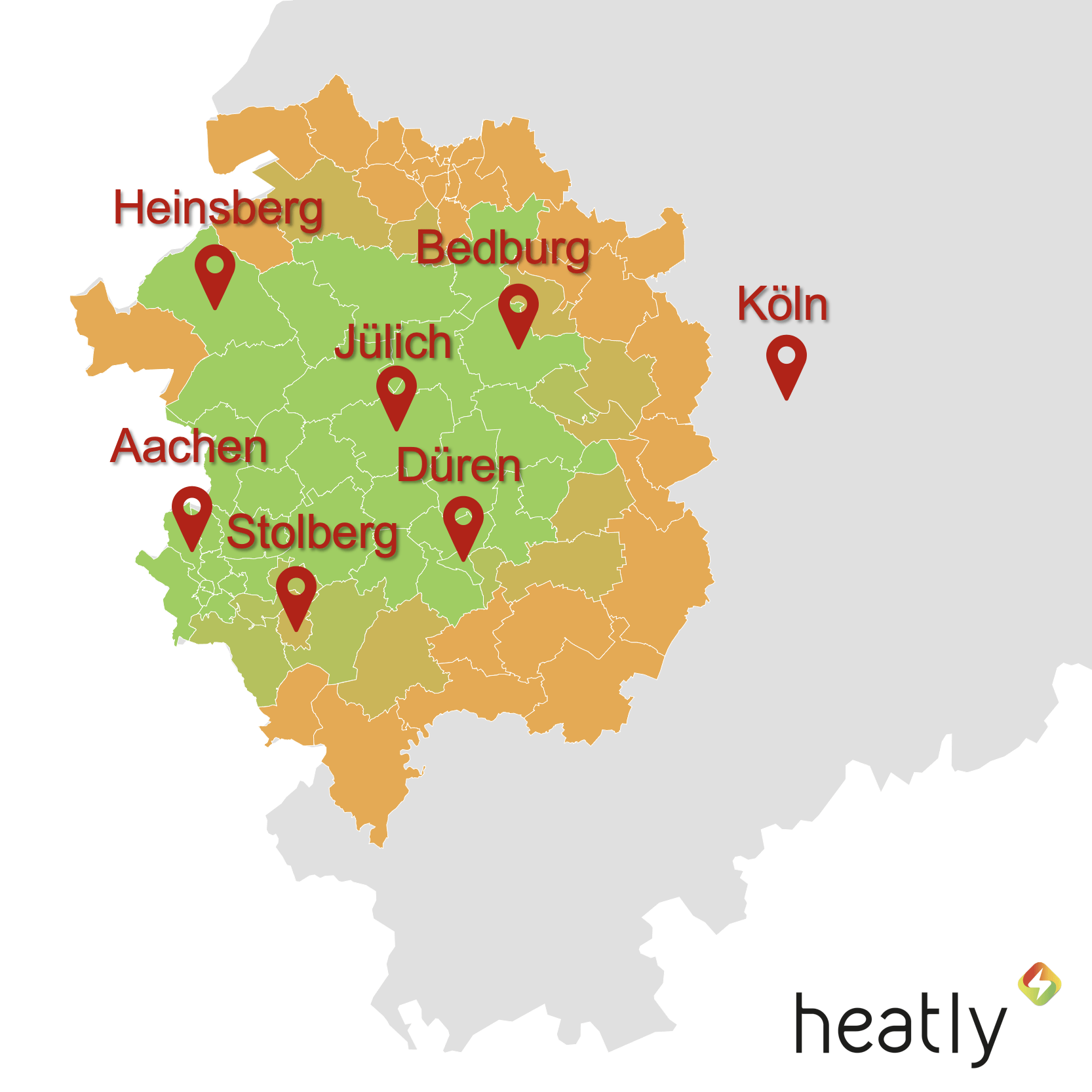 Gerne bieten wir Ihnen eine Energieberatung in unserem Einzugsgebiet Ausschnitt von NRW mit dem Energieberatungsgebiet rings um Aachen und Jülich