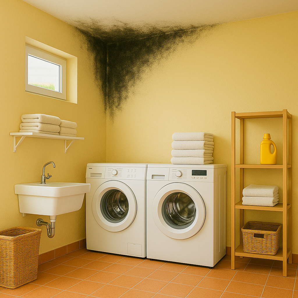 Schlecht gelüftete Waschküche im Keller - Schimmel an der Wand