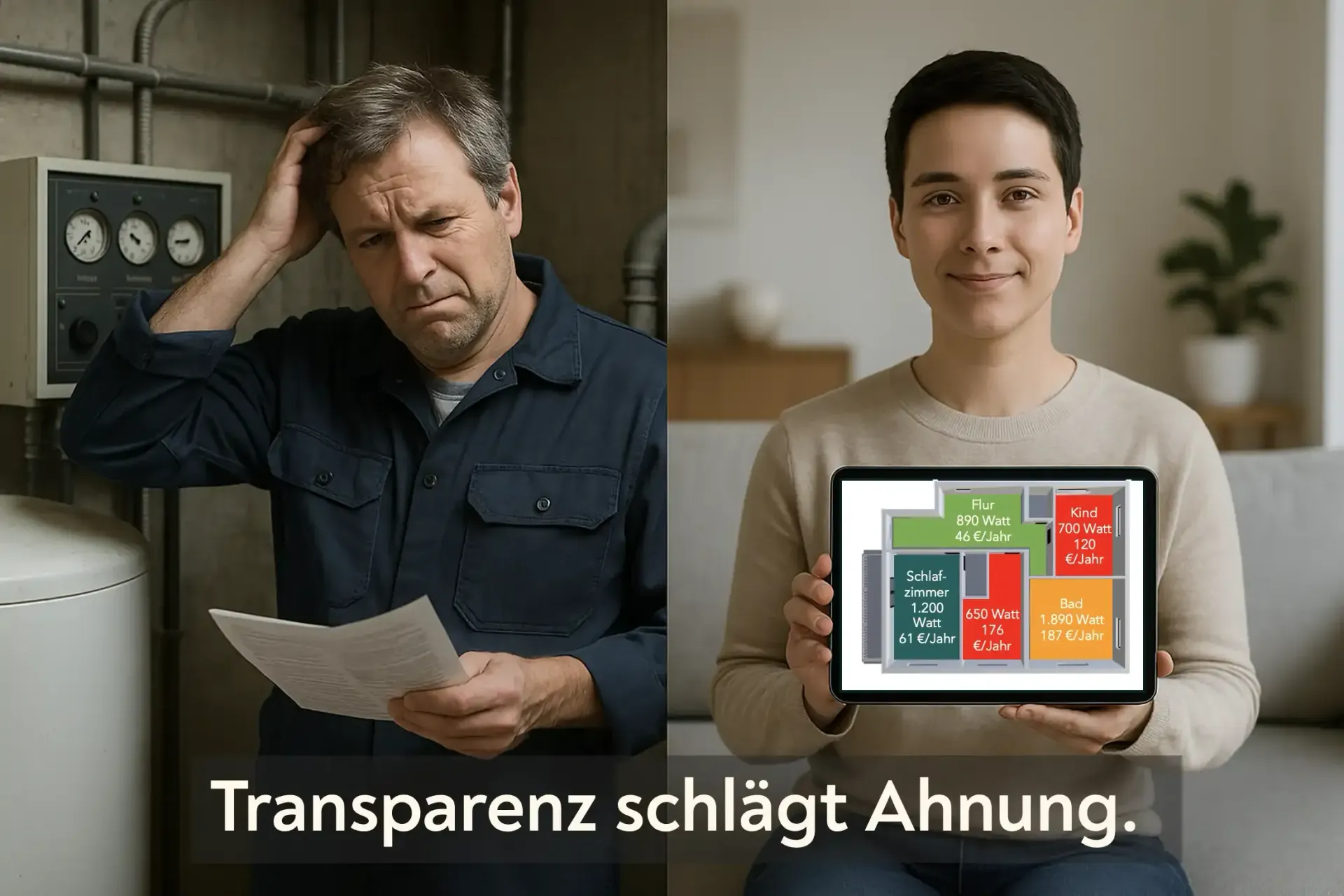 Symbolbild für hydraulischen Abgleich und transparente Heizoptimierung. Zwei Personen im Vergleich: Links ein ratloser Mann im Heizungskeller mit unverständlicher Abrechnung, rechts eine Person mit Tablet, das die Heizleistung und Kosten jedes Raums übersichtlich anzeigt. Symbolbild für die Vorteile eines hydraulischen Abgleichs und datenbasierter Heizungsoptimierung.