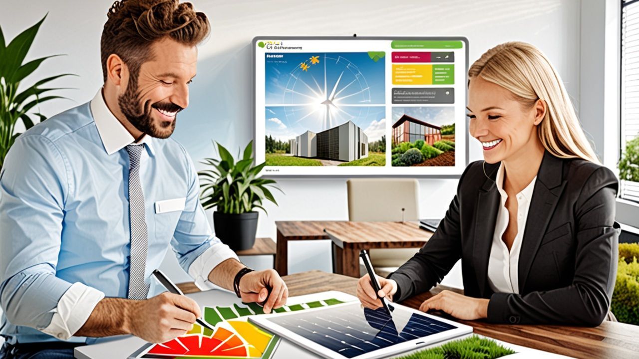 Zwei Energieberater:innen planen gemeinsam nachhaltige Lösungen mit Solar- und Effizienztools