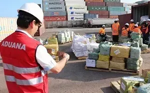 Agente de aduanas, comprobando documentación gestionada por Sacex Logistica sin incidencias, éxito en la operativa aduanera del transporte marítimo de contenedores a Reino Unido