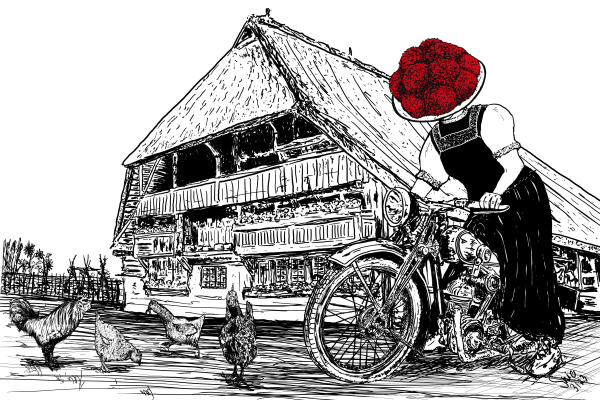 Bollenhut, Schwarzwald, Bauernhaus, Eindachhof, Motorrad, ländliches Idyll, Cartoon, Grafik