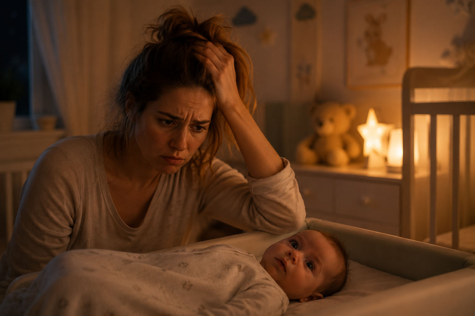 Mutter sitzt verzweifelt bei wachem Baby