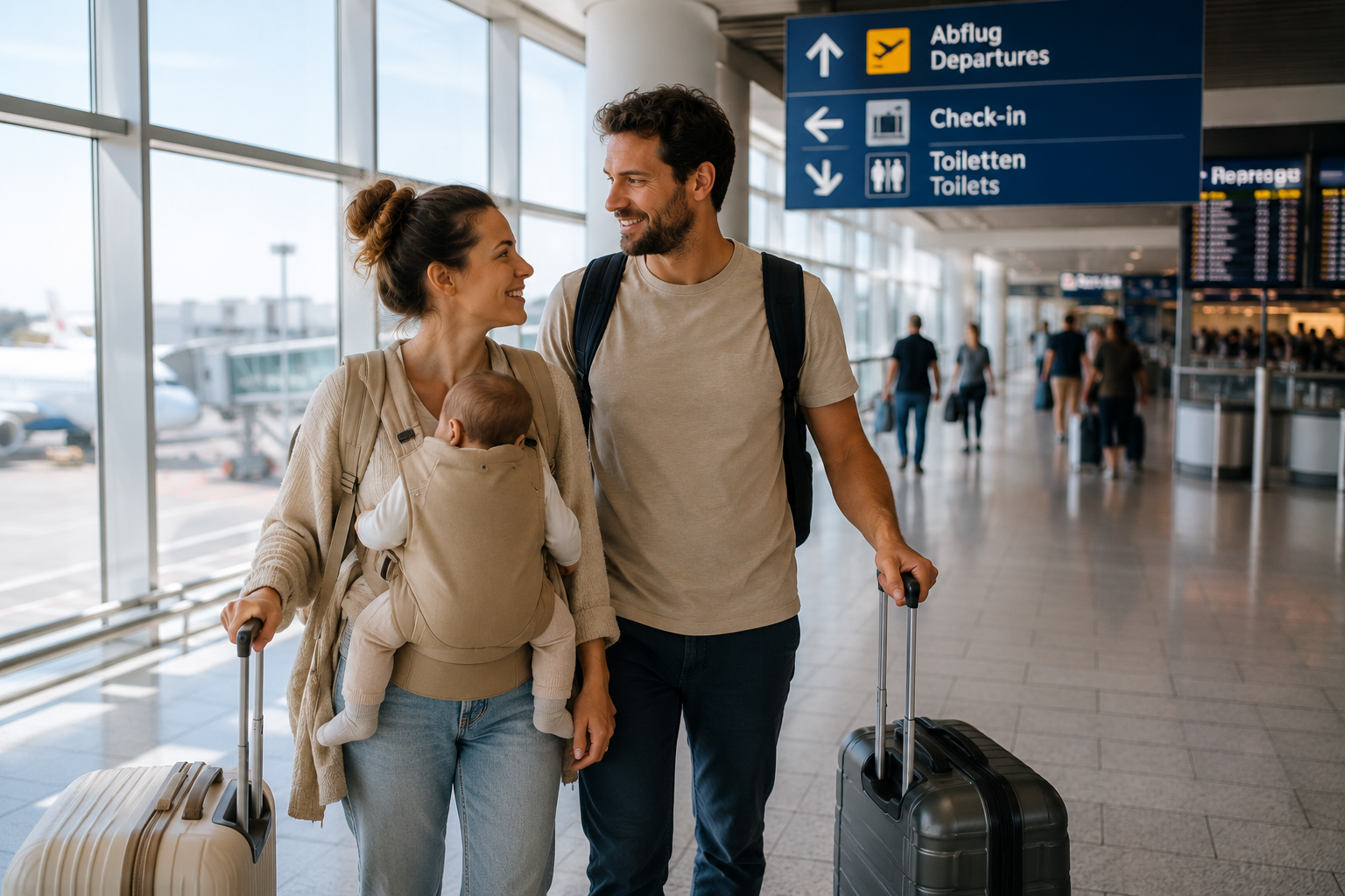 Familie mit Baby am Flughafen