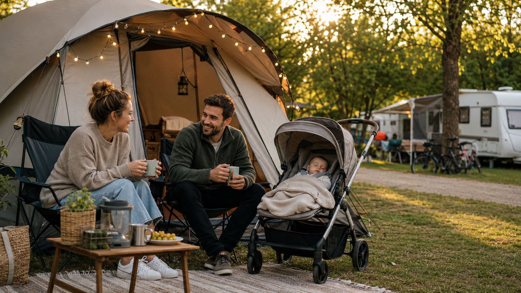 Familie mit Baby vor Zelt