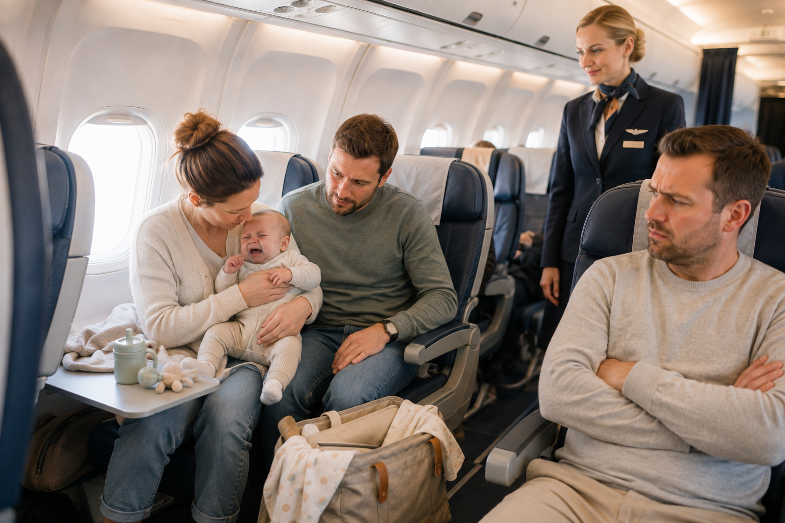Familie mit weinendem Baby im Flugzeug