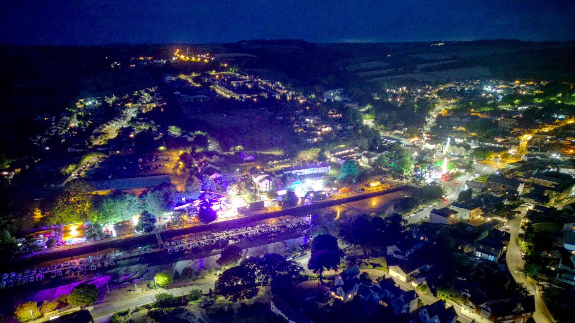 Aerial image of fairground at night