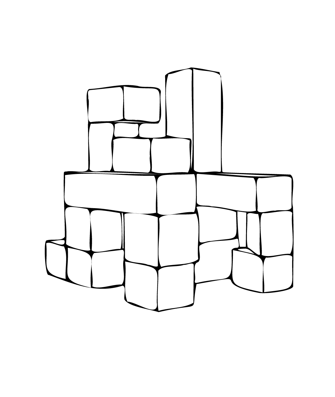 Grafik in schwarz-weiß. Holz-Bauklötze.