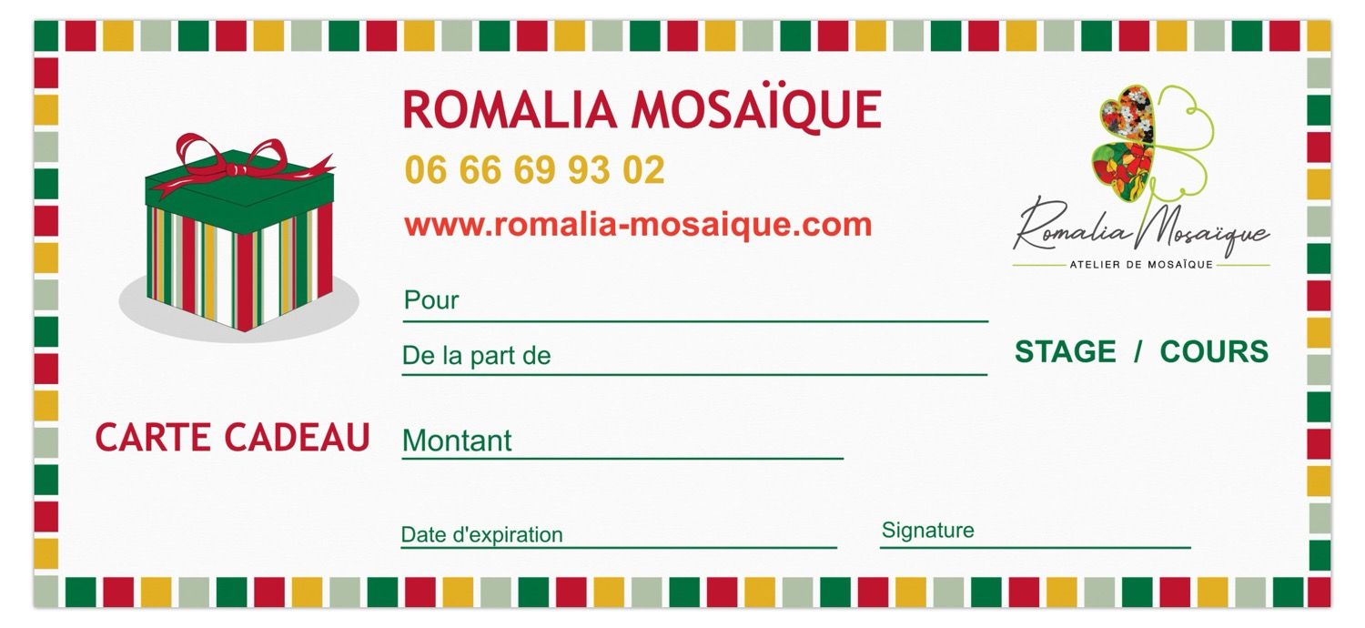 Carte cadeau pour découvrir la mosaïque sur Île d'Oléron, Charente-Maritime. Atelier Romalia Mosaïque