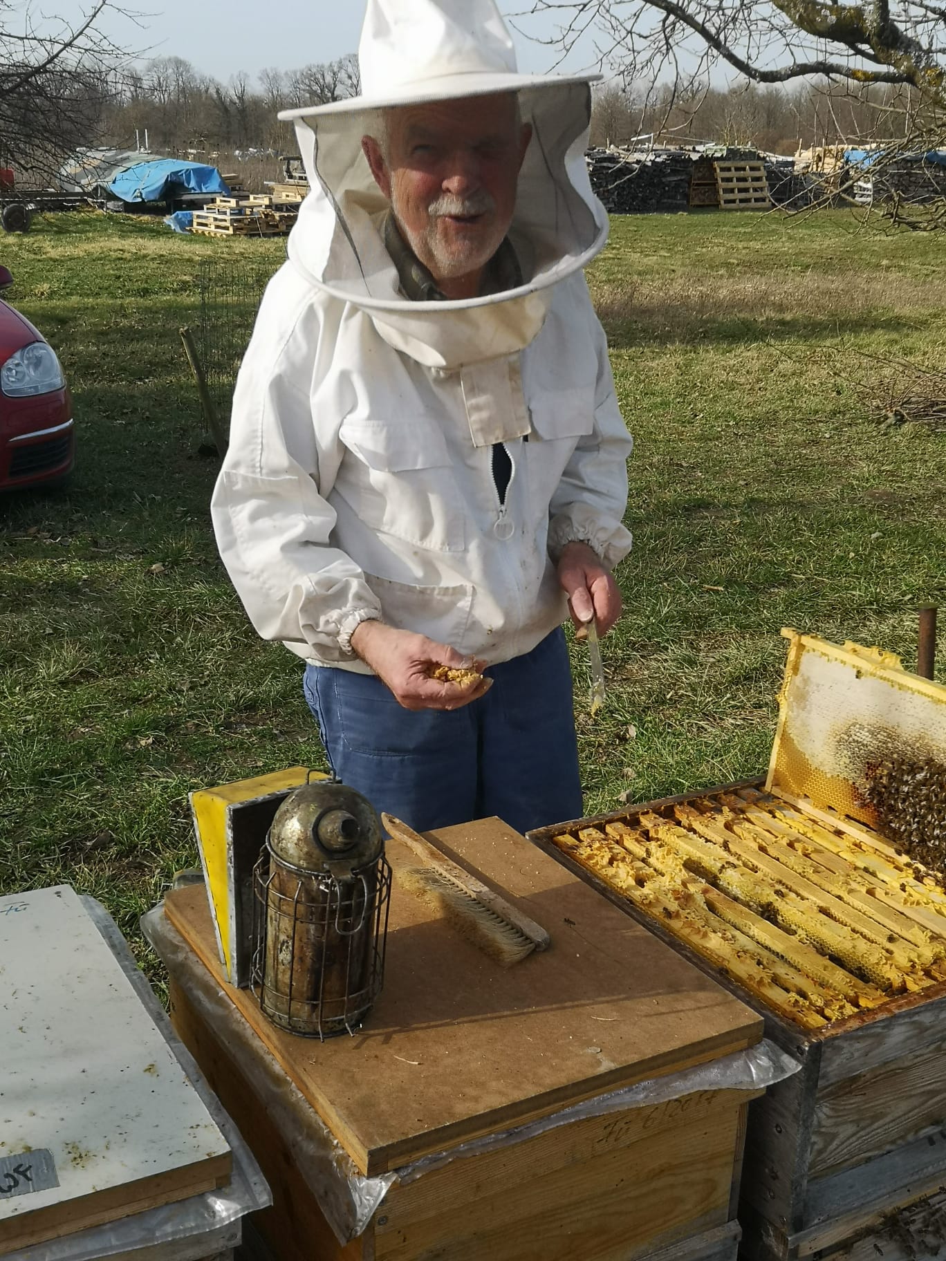 Imker Herbert Eisen aus Würmersheim bei der Arbeit an einem Bienenvolk