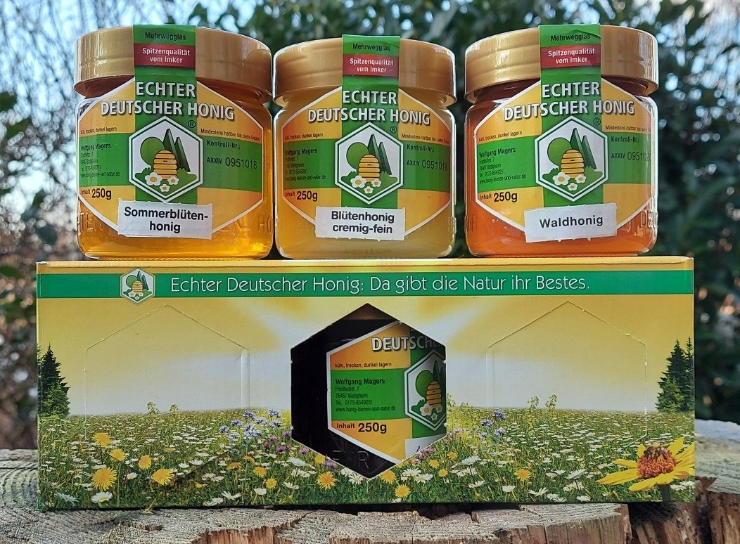 Honig-Probierpack kaufen aus Baden/Schwarzwald bei Imker Magers aus Bietigheim: 3 Gläser auf dekorativem Päckchen