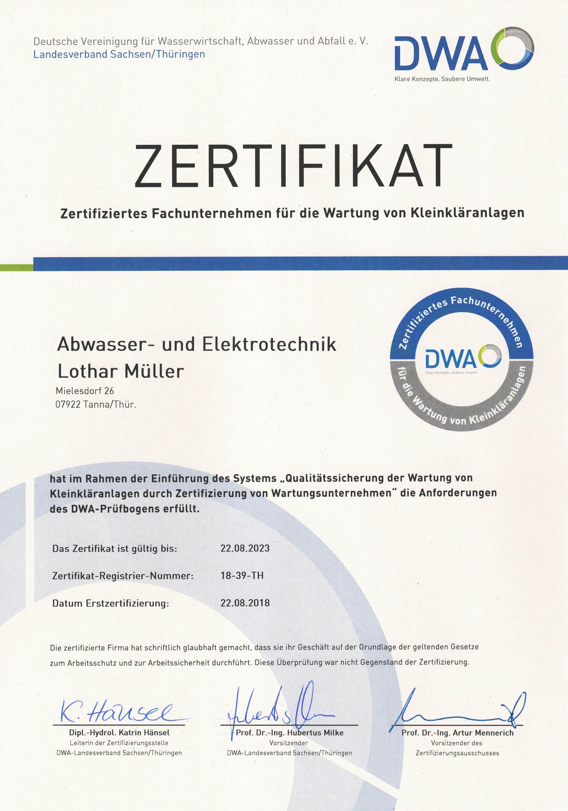 Zertifikat DWA Zertifikat DWA