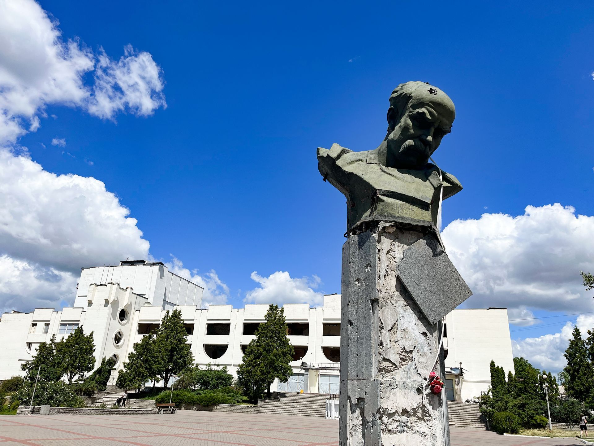 Damaged Shevchenko statue with bullet holes in Borodianka city square, spring 2022