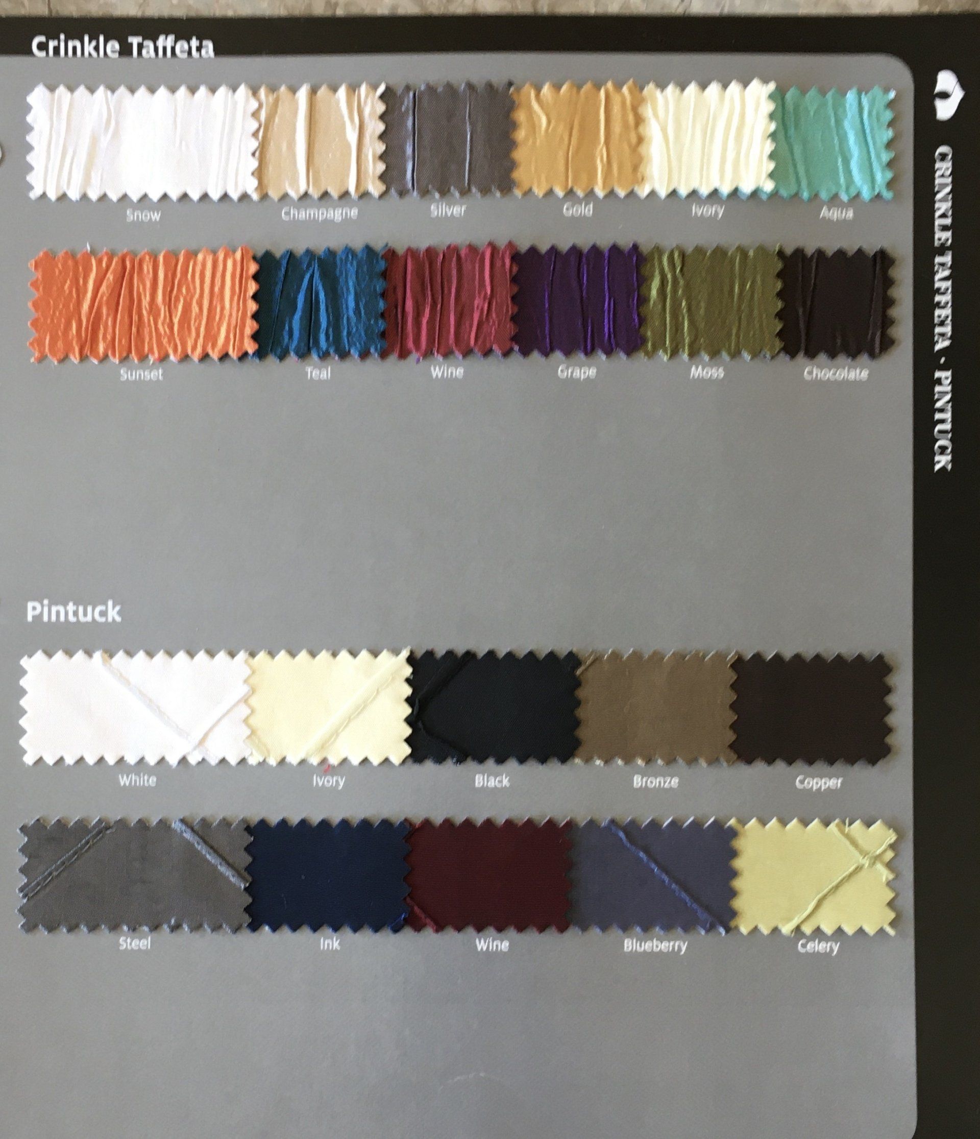 crinke taffeta and pintuck linen swatches, offered by Premier Wedding & Party Rental