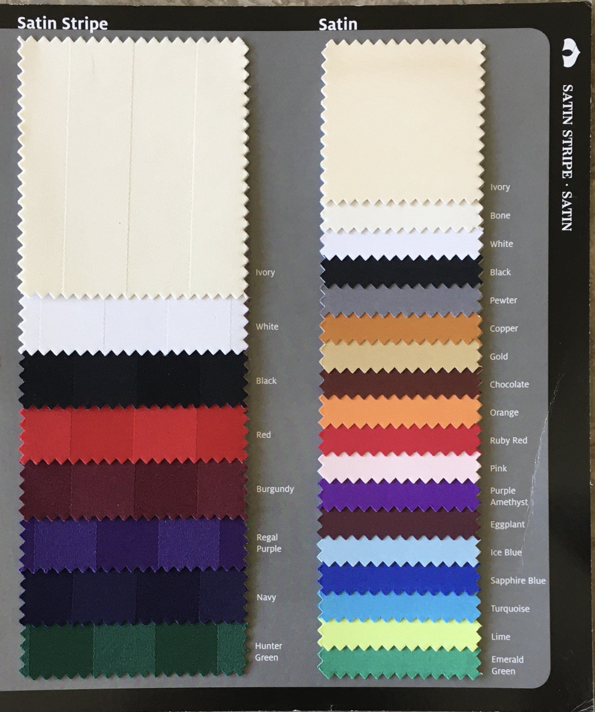 satin stripe and satin linen swatches, offered by Premier Wedding & Party Rental