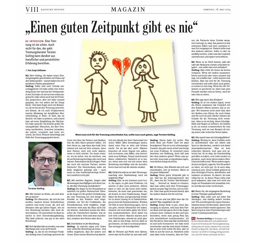 Artikel aus der Badischen Zeitung, in dem der Trennungsberater Torsten Geiling zum Thema Trennungen befragt wird.