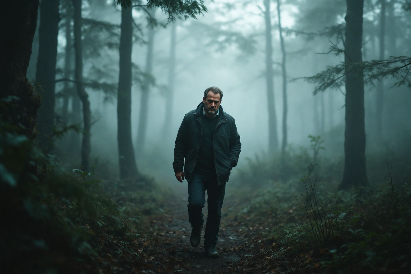 Ein Mann geht durch den Nebel in einem dunklen Wald