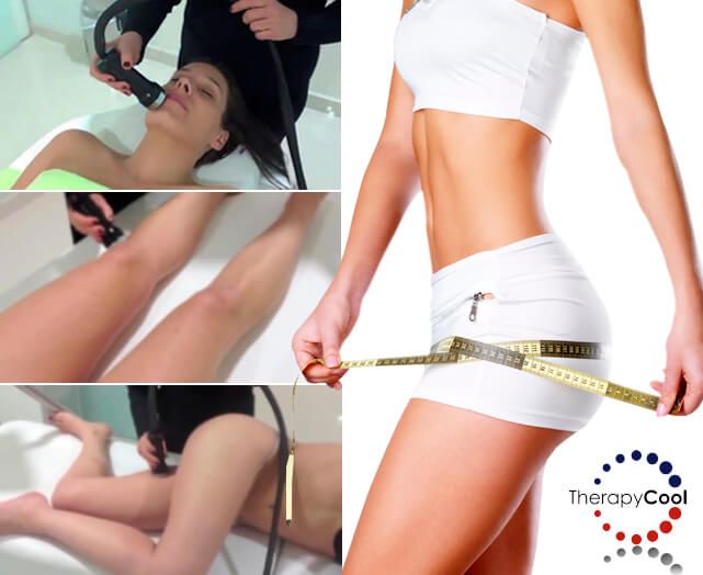 Female torso with measuring tape around waist and images of different treatments performed with a direct thermal contrast applicator.