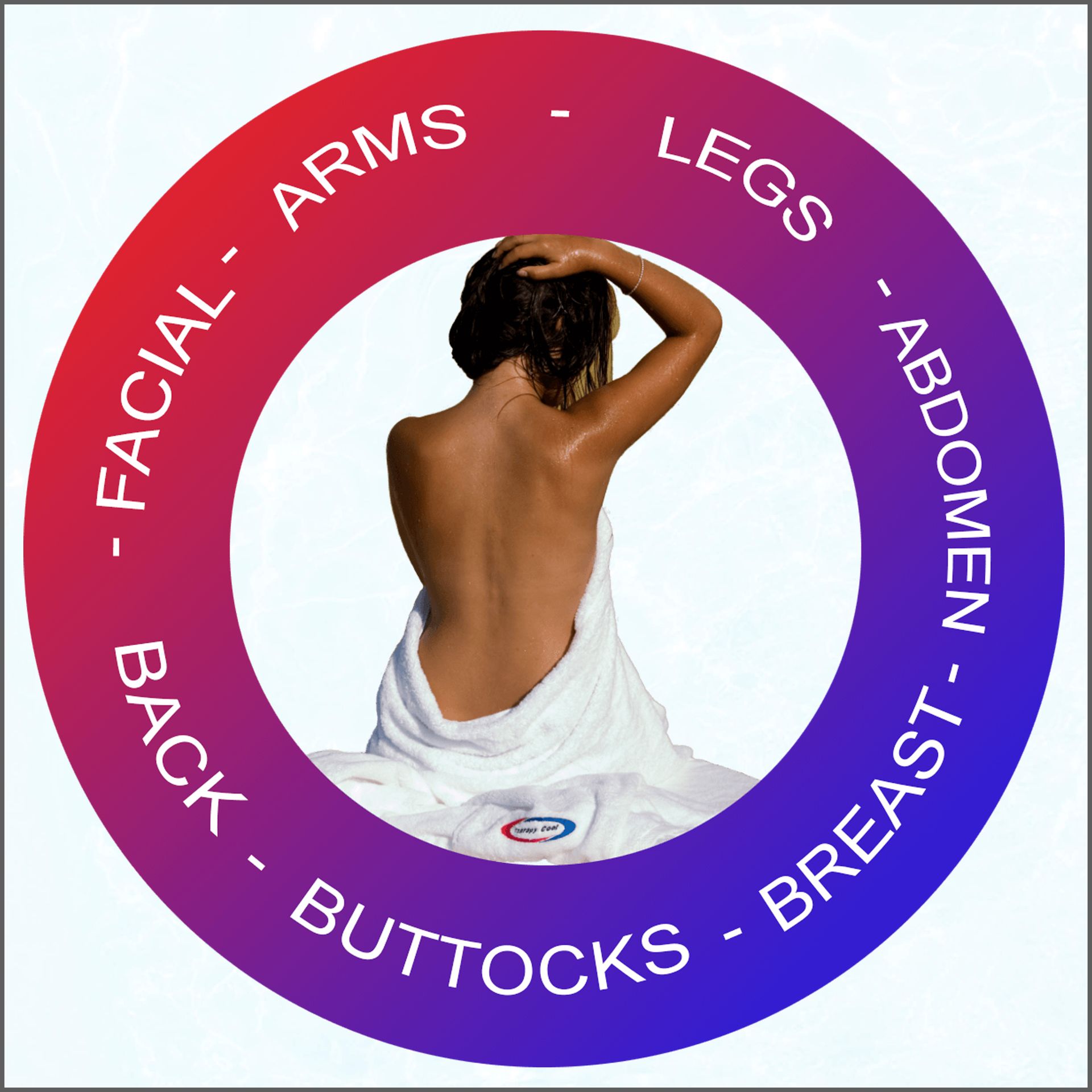 Circle with a stylized woman in the background. The circle reflects the different parts of the body where treatments with aesthetic equipment can be applied.